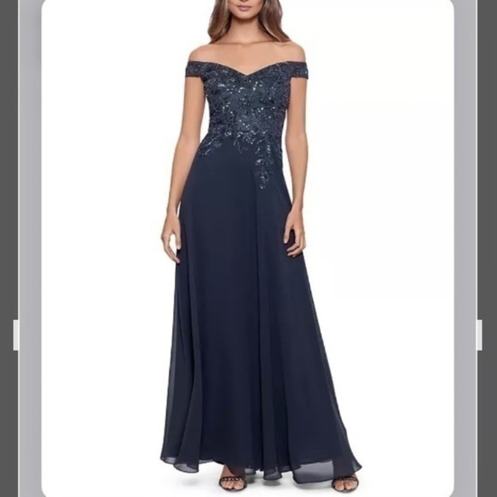 BETSY & ADAM Embellished Off-The-Shoulder Chiffon Gown in Charcoal Size 8
